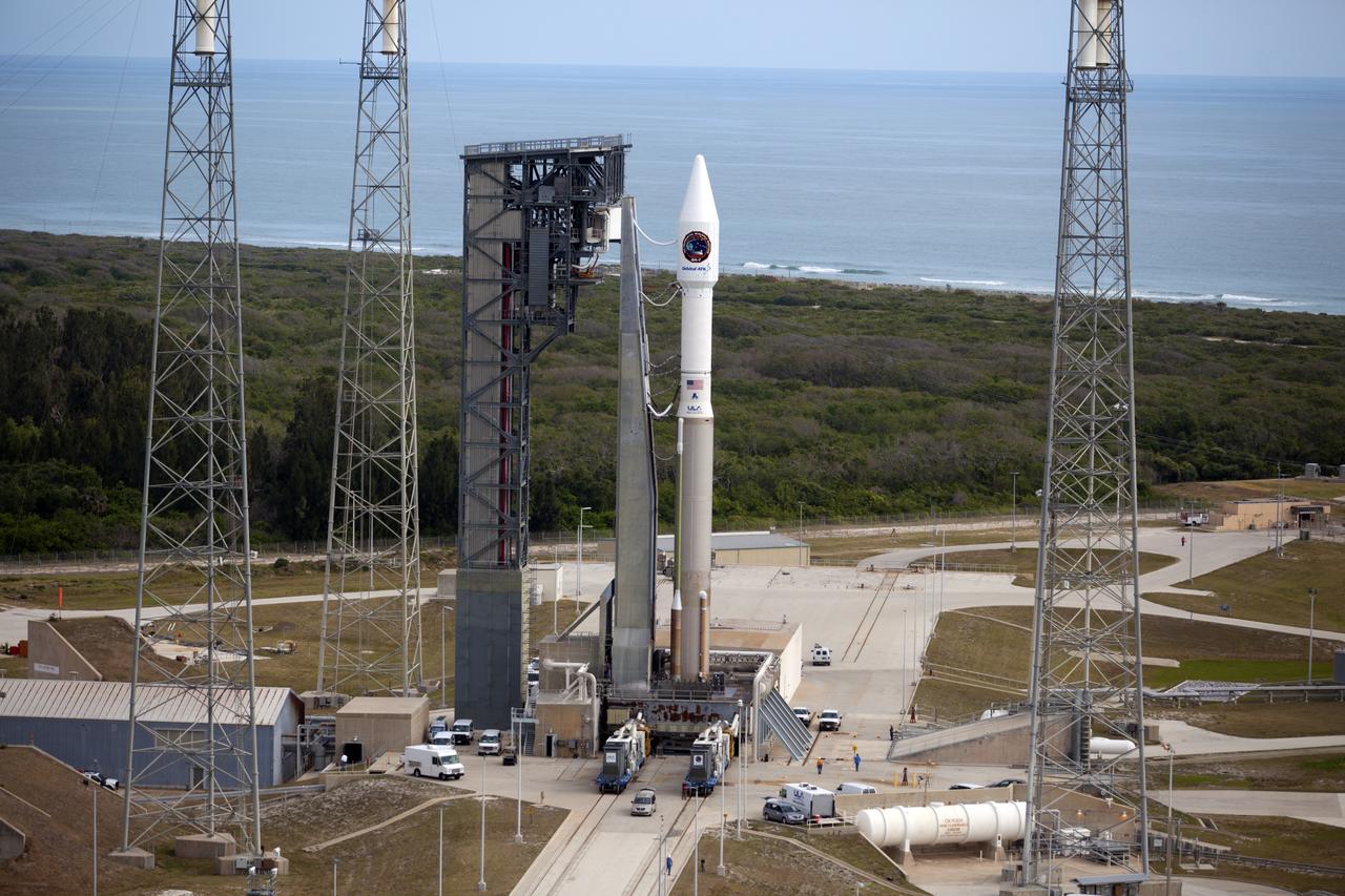The United Launch Alliance Atlas V rocket, with the Orbital ATK Cygnus pressurized cargo module, stands ready for launch on the pad at Space Launch Complex 41 at Cape Canaveral Air Force Station in Florida. Orbital ATK's seventh commercial resupply services mission, CRS-7, is scheduled to launch to the International Space Station on April 18, 2017. Cygnus will deliver 7,600 pounds of supplies, equipment and scientific research materials to the space station. Liftoff is scheduled for 11:11 a.m. EDT.