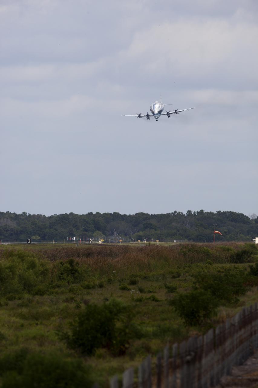 NASA's Super Guppy airplane descends toward the runway at the Shuttle Landing Facility at the agency's Kennedy Space Center in Florida. The Orion Exploration Mission-1 (EM-1) structural test article will be loaded in the Super Guppy and transported to Lockheed Martin's Denver facility for testing. The Orion spacecraft will launch atop NASA’s Space Launch System rocket on EM-1, its first deep space mission. 