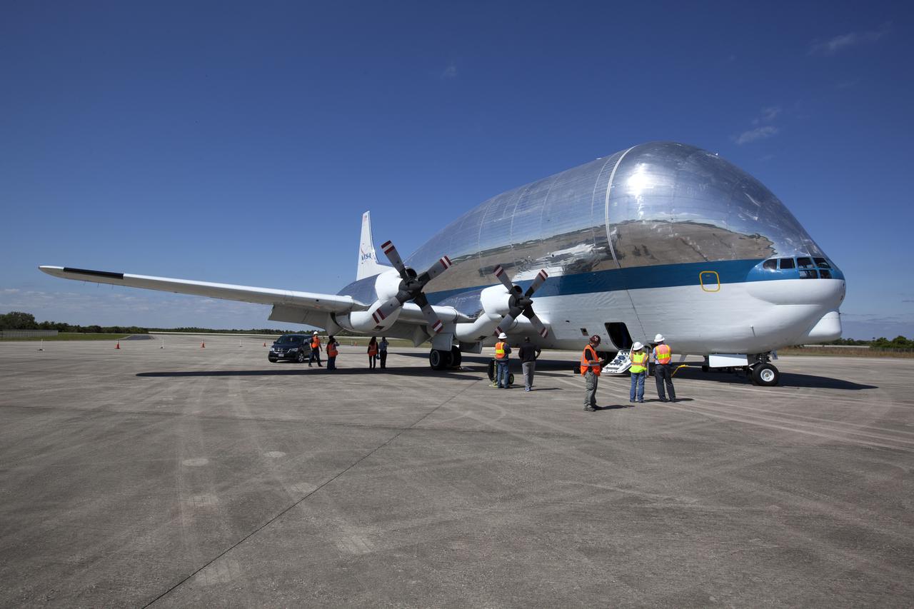 NASA's Super Guppy aircraft has been closed and secured at the Shuttle Landing Facility at NASA's Kennedy Space Center in Florida. The Orion Exploration Mission-1 (EM-1) structural test article is secured inside the Super Guppy and will be transported to Lockheed Martin's Denver facility for testing. The Orion spacecraft will launch atop NASA’s Space Launch System rocket on EM-1, its first deep space mission.