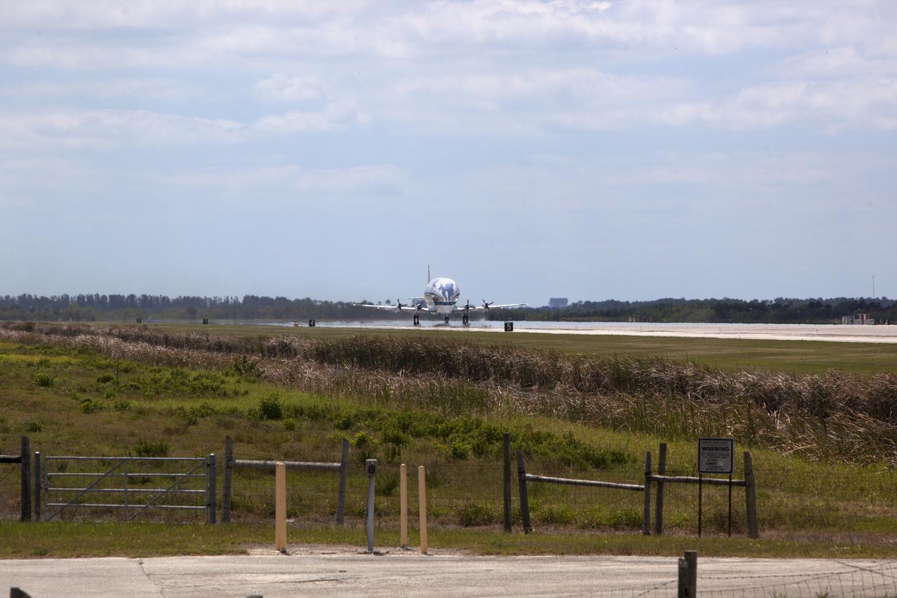 NASA's Super Guppy aircraft throttles up for takeoff on the runway at the Shuttle Landing Facility at NASA's Kennedy Space Center in Florida. The Orion Exploration Mission-1 (EM-1) structural test article, secured inside the Super Guppy, will be transported to Lockheed Martin's Denver facility for testing. The Orion spacecraft will launch atop NASA’s Space Launch System rocket on EM-1, its first deep space mission. 
