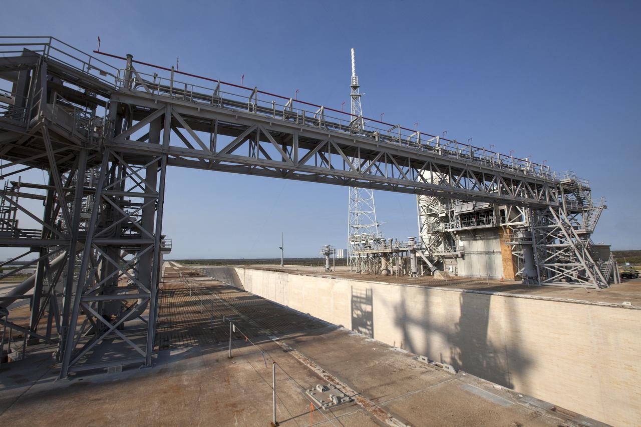 A view of the north side of the flame trench at Launch Complex 39B at NASA's Kennedy Space Center in Florida. The final brick was installed in the flame trench, completing about a year's worth of work to upgrade the walls to withstand the intense heat and fire at launch of NASA's Space Launch System rocket with Orion atop. About 96,000 heat-resistant bricks, in three different sizes, were secured to the walls using bonding mortar in combination with adhesive anchors. The Ground Systems Development and Operations Program is overseeing upgrades and modifications to Pad 39B to support the launch of the SLS and Orion spacecraft for Exploration Mission-1 and NASA’s journey to Mars. 