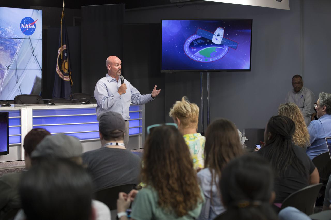 Ken Shields, director of Operations for the Center for the Advancement of Science in Space (CASIS)/ISS National Lab, speaks to members of social media in the Kennedy Space Center’s Press Site auditorium. The briefing focused on research planned for launch to the International Space Station. The scientific materials and supplies will be aboard a Dragon spacecraft scheduled for launch from Kennedy’s Launch Complex 39A on June 1 atop a SpaceX Falcon 9 rocket on the company's 11th Commercial Resupply Services mission to the space station.