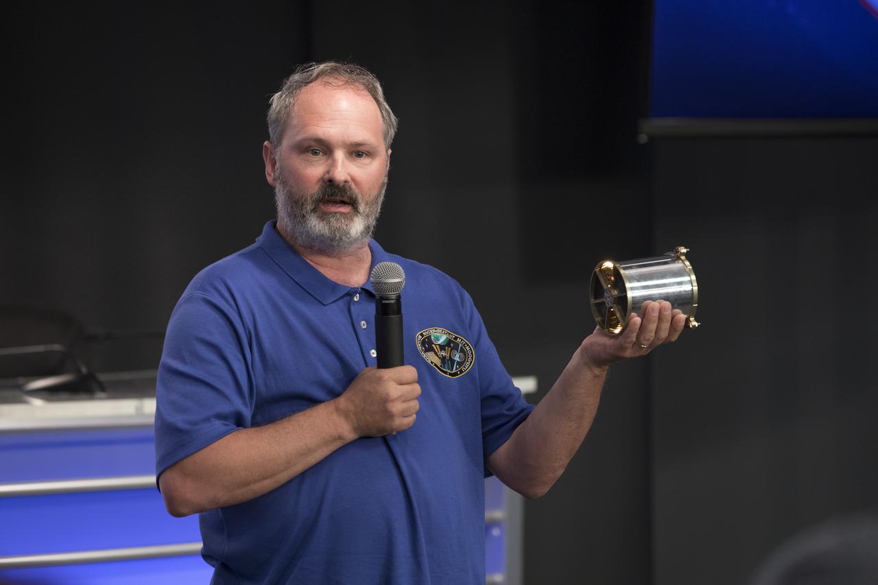 Keith Gendreau, principle investigator for the Neutron star Interior Composition Explorer, or NICER, speaks to members of social media in the Kennedy Space Center’s Press Site auditorium. The briefing focused on the purpose of their experiments and instruments to be delivered to the International Space Station on SpaceX CRS-11. A Dragon spacecraft is scheduled to be launched from Kennedy’s Launch Complex 39A on June 1 atop a SpaceX Falcon 9 rocket on the company's 11th Commercial Resupply Services mission to the space station.