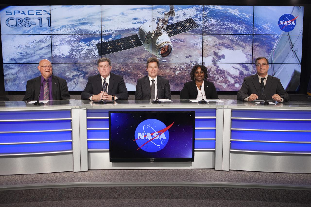 In the Kennedy Space Center’s Press Site auditorium, agency and industry leaders speak to members of the media during a prelaunch news conference for the SpaceX CRS-11 commercial resupply services mission to the International Space Station. From left are: Mike Curie of NASA Communications, Kirk Shireman, NASA's International Space Station Program manager, Hans Koenigsmann, vice president of Flight Reliability for SpaceX, Camille Alleyne, associate program scientist for the International Space Station at NASA’s Johnson Space Center, and Mike McAleenan, launch weather officer for the U.S. Air Force 45th Weather Squadron. A Dragon spacecraft is scheduled to be launched from Kennedy’s Launch Complex 39A on June 1 atop a SpaceX Falcon 9 rocket on the company's 11th Commercial Resupply Services mission to the space station.