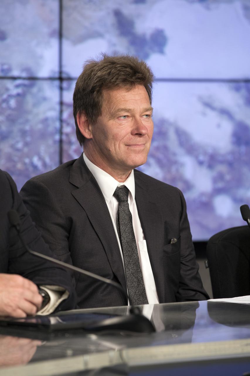 In the Kennedy Space Center’s Press Site auditorium, Hans Koenigsmann, vice president of Flight Reliability for SpaceX, speaks to members of the media during a prelaunch news conference for the SpaceX CRS-11 commercial resupply services mission to the International Space Station. A Dragon spacecraft is scheduled to be launched from Kennedy’s Launch Complex 39A on June 1 atop a SpaceX Falcon 9 rocket on the company's 11th Commercial Resupply Services mission to the space station.
