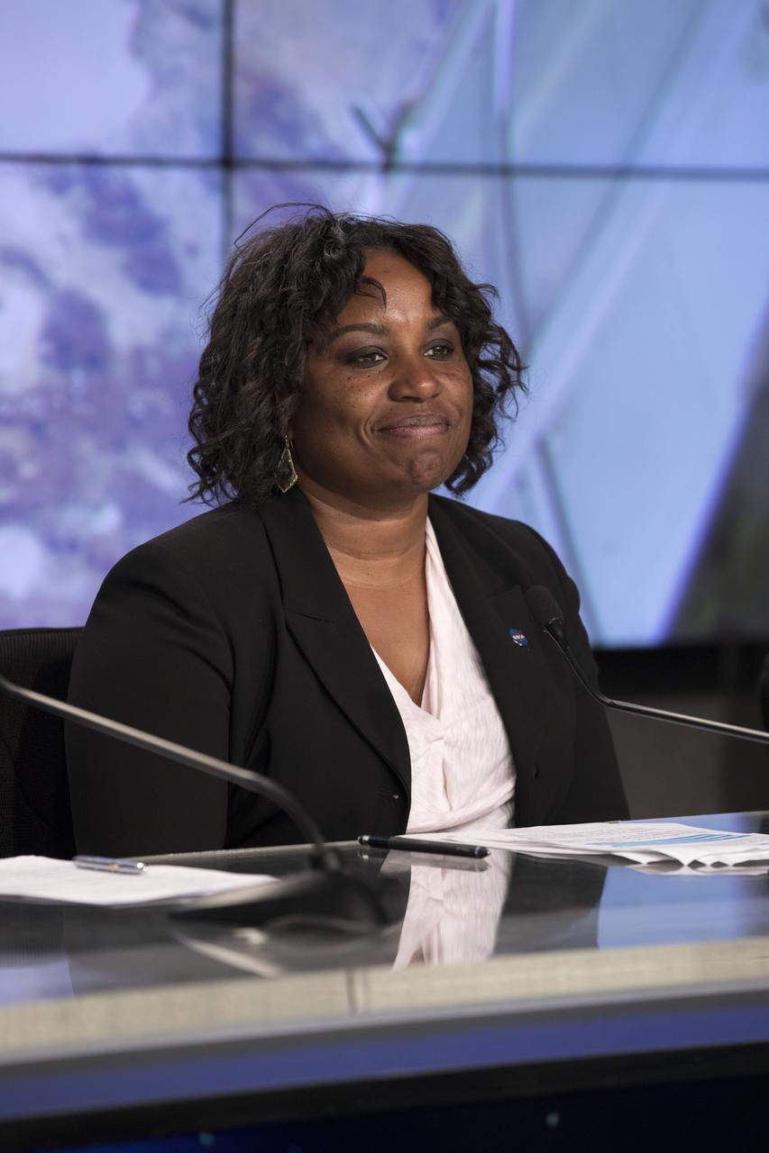 In the Kennedy Space Center’s Press Site auditorium, Camille Alleyne, associate program scientist for the International Space Station at NASA’s Johnson Space Center, speaks to members of the media during a prelaunch news conference for the SpaceX CRS-11 commercial resupply services mission to the International Space Station. A Dragon spacecraft is scheduled to be launched from Kennedy’s Launch Complex 39A on June 1 atop a SpaceX Falcon 9 rocket on the company's 11th Commercial Resupply Services mission to the space station.