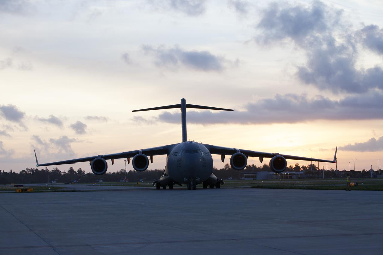 NASA's TDRS-M satellite arrives at Space Coast Regional Airport in Titusville, Florida, aboard a U.S. Air Force transport aircraft. The spacecraft will be transported to the nearby Astrotech facility, also in Titusville, for preflight processing. The TDRS-M is the latest spacecraft destined for the agency's constellation of communications satellites that allows nearly continuous contact with orbiting spacecraft ranging from the International Space Station and Hubble Space Telescope to the array of scientific observatories. Liftoff atop a United Launch Alliance Atlas V rocket is scheduled to take place from Space Launch Complex 41 at Cape Canaveral Air Force Station at 9:02 a.m. EDT Aug. 3, 2017.