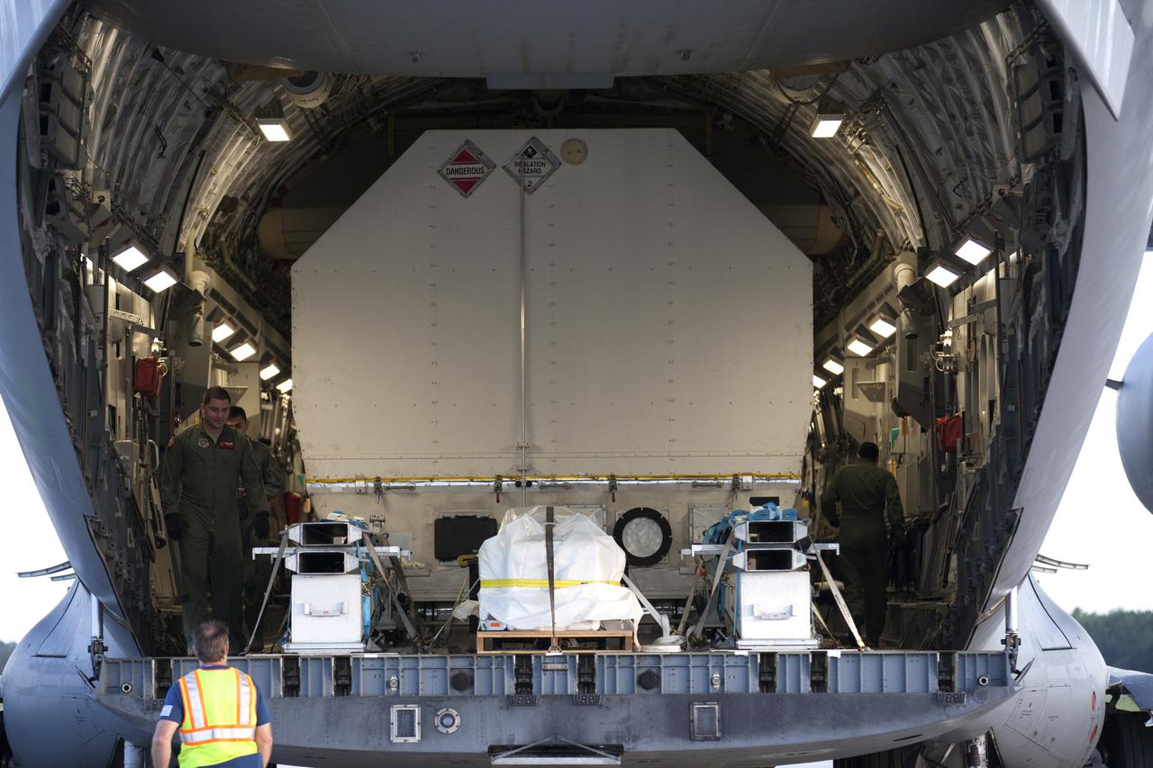 NASA's TDRS-M satellite arrives inside its shipping container at Space Coast Regional Airport in Titusville, Florida, aboard a U.S. Air Force transport aircraft. The spacecraft will be transported to the nearby Astrotech facility, also in Titusville, for preflight processing. The TDRS-M is the latest spacecraft destined for the agency's constellation of communications satellites that allows nearly continuous contact with orbiting spacecraft ranging from the International Space Station and Hubble Space Telescope to the array of scientific observatories. Liftoff atop a United Launch Alliance Atlas V rocket is scheduled to take place from Space Launch Complex 41 at Cape Canaveral Air Force Station at 9:02 a.m. EDT Aug. 3, 2017.