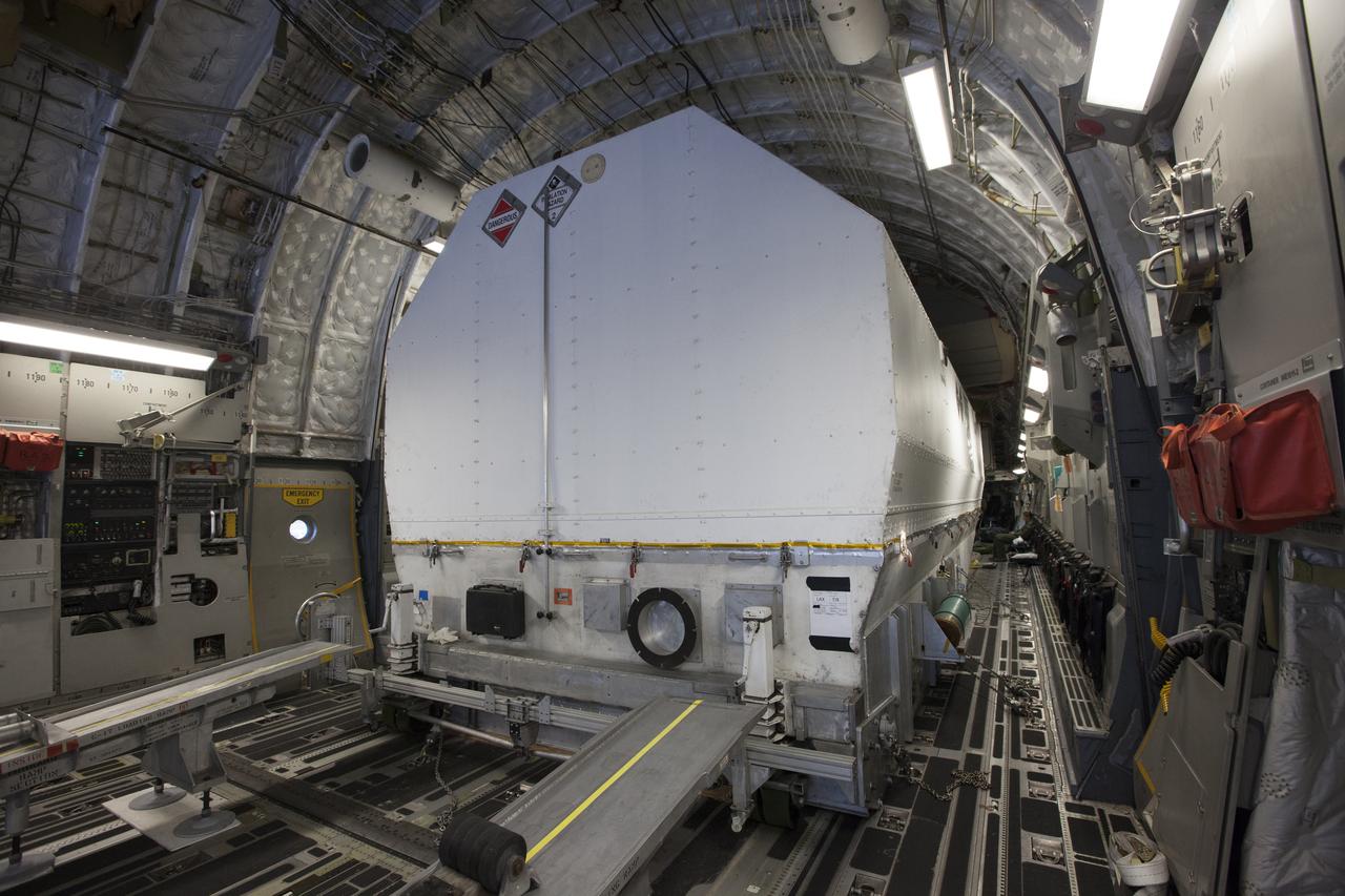 NASA's TDRS-M satellite arrives inside its shipping container at Space Coast Regional Airport in Titusville, Florida, aboard a U.S. Air Force transport aircraft. The spacecraft will be transported to the nearby Astrotech facility, also in Titusville, for preflight processing. The TDRS-M is the latest spacecraft destined for the agency's constellation of communications satellites that allows nearly continuous contact with orbiting spacecraft ranging from the International Space Station and Hubble Space Telescope to the array of scientific observatories. Liftoff atop a United Launch Alliance Atlas V rocket is scheduled to take place from Space Launch Complex 41 at Cape Canaveral Air Force Station at 9:02 a.m. EDT Aug. 3, 2017.