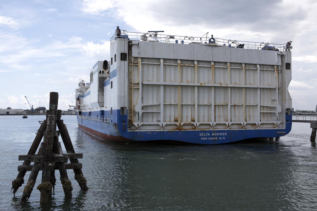 The United Launch Alliance (ULA) Mariner arrives at Port Canaveral in Florida carrying an Atlas V rocket booster bound for nearby Cape Canaveral Air Force Station. The rocket is scheduled to launch the Tracking and Data Relay Satellite, TDRS-M. It will be the latest spacecraft destined for the agency's constellation of communications satellites that allows nearly continuous contact with orbiting spacecraft ranging from the International Space Station and Hubble Space Telescope to the array of scientific observatories. Liftoff atop the ULA Atlas V rocket is scheduled to take place from Cape Canaveral's Space Launch Complex 41 on Aug. 3, 2017 at 9:02 a.m. EDT.