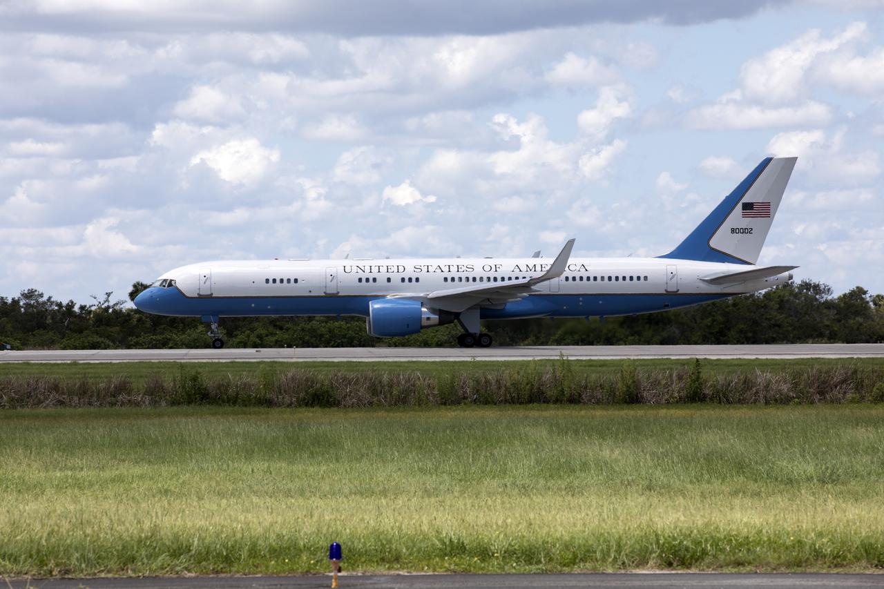 Air Force Two, carrying Vice President Mike Pence, taxis on the Shuttle Landing Facility at NASA's Kennedy Space Center in Florida. During his visit to Kennedy, the Vice President spoke inside the iconic Vehicle Assembly Building, where he thanked employees for advancing American leadership in space. 