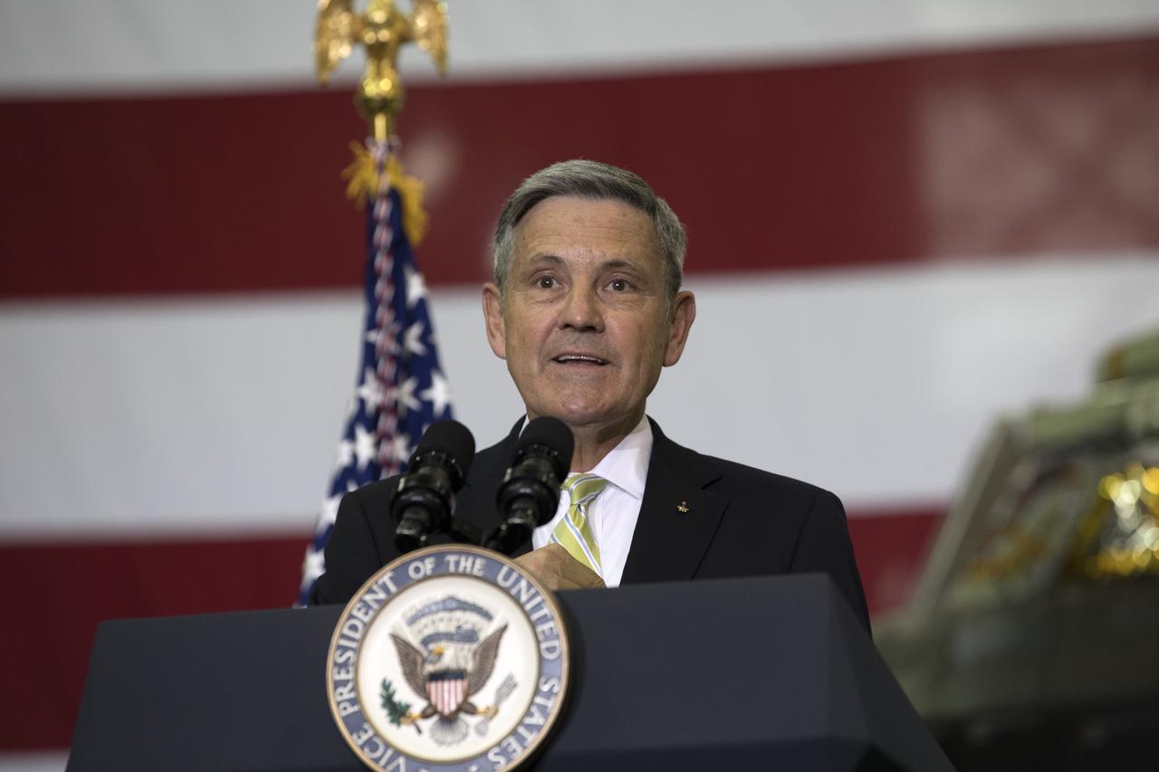 NASA Kennedy Space Center Director Robert Cabana addresses agency leaders, U.S. and Florida government officials, and employees inside the Vehicle Assembly Building during a visit by Vice President Mike Pence. Pence thanked employees for advancing American leadership in space. During his visit to Kennedy, the Vice President also toured several facilities highlighting the public-private partnerships, as both NASA and commercial companies prepare to launch American astronauts from the multi-user spaceport.