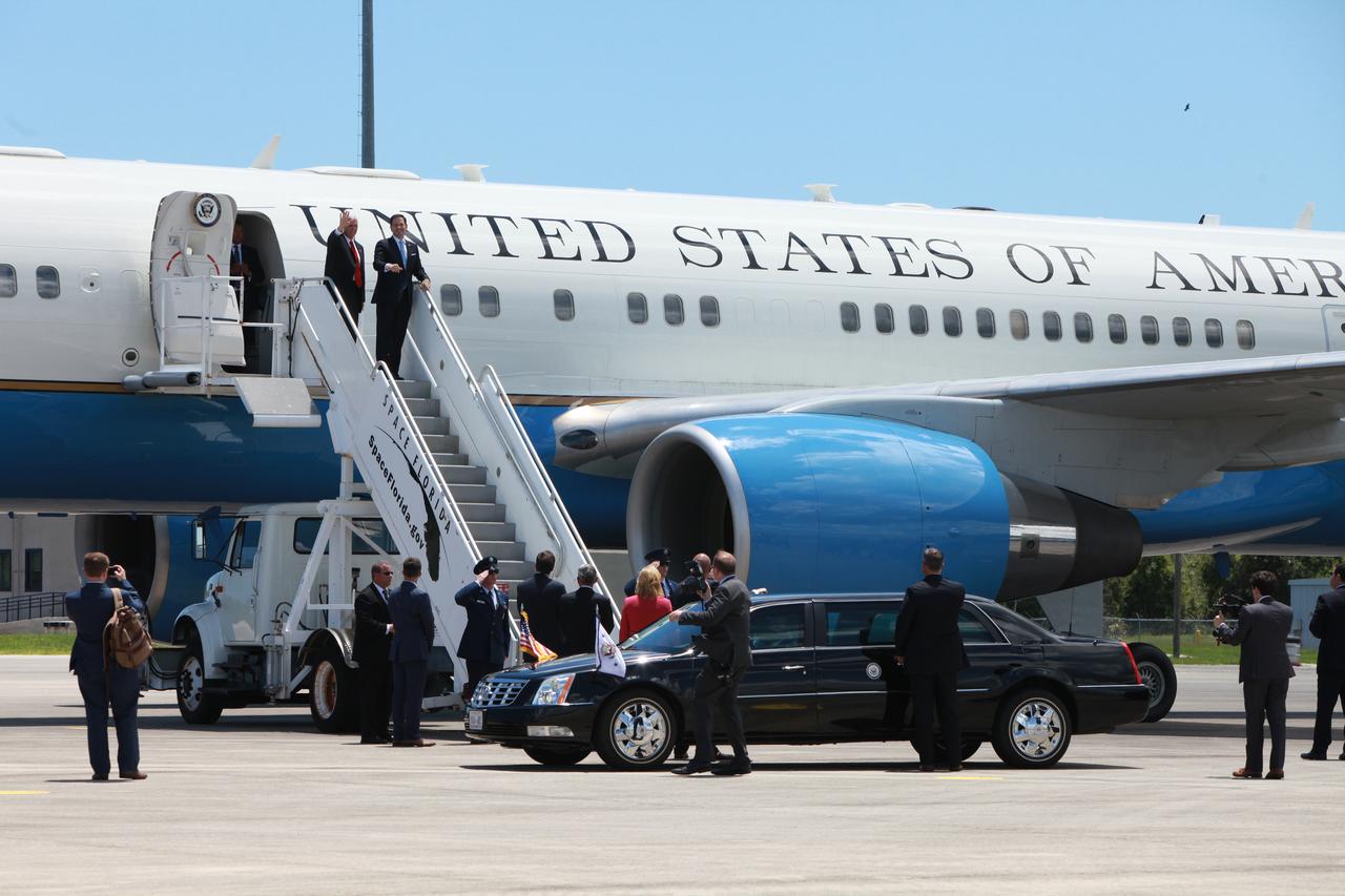 Vice President Mike Pence, left, and U.S. Senator Marco Rubio (R-FL) step off Air Force Two on the Shuttle Landing Facility at NASA's Kennedy Space Center in Florida. During his visit to Kennedy, Pence spoke inside the iconic Vehicle Assembly Building, where he thanked employees for advancing American leadership in space. 