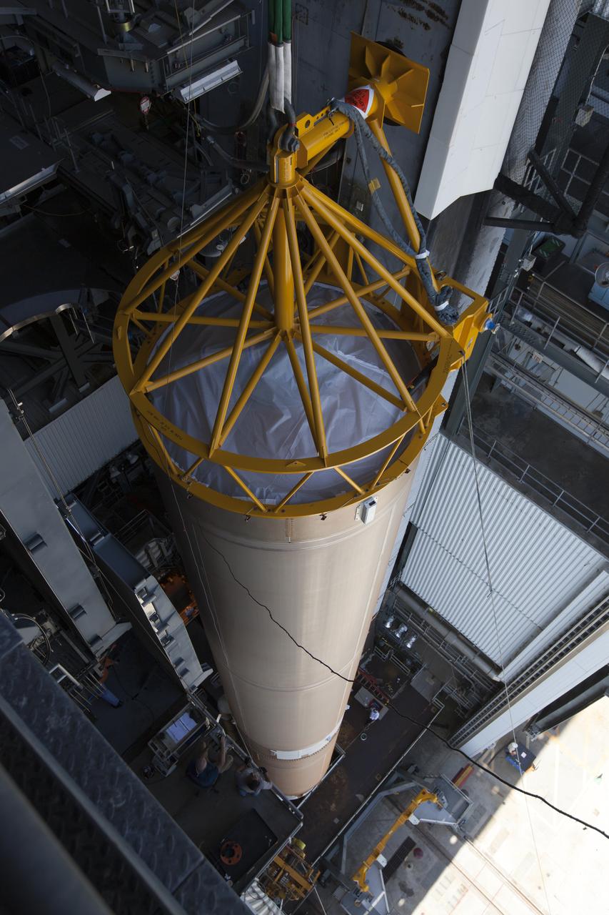 The United Launch Alliance Atlas V first stage has been positioned inside the Vertical Integration Facility at Space Launch Complex 41 at Cape Canaveral Air Force Station in Florida. The rocket is scheduled to launch the Tracking and Data Relay Satellite, TDRS-M. It will be the latest spacecraft destined for the agency's constellation of communications satellites that allows nearly continuous contact with orbiting spacecraft ranging from the International Space Station and Hubble Space Telescope to the array of scientific observatories. Liftoff atop the ULA Atlas V rocket is scheduled to take place from Cape Canaveral's Space Launch Complex 41 on Aug. 3, 2017 at 9:02 a.m. EDT.