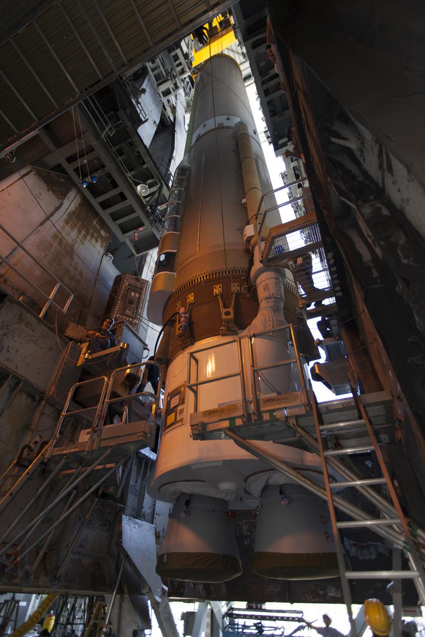 The United Launch Alliance Atlas V first stage has been positioned inside the Vertical Integration Facility at Space Launch Complex 41 at Cape Canaveral Air Force Station in Florida. The rocket is scheduled to launch the Tracking and Data Relay Satellite, TDRS-M. It will be the latest spacecraft destined for the agency's constellation of communications satellites that allows nearly continuous contact with orbiting spacecraft ranging from the International Space Station and Hubble Space Telescope to the array of scientific observatories. Liftoff atop the ULA Atlas V rocket is scheduled to take place from Cape Canaveral's Space Launch Complex 41 on Aug. 3, 2017 at 9:02 a.m. EDT.