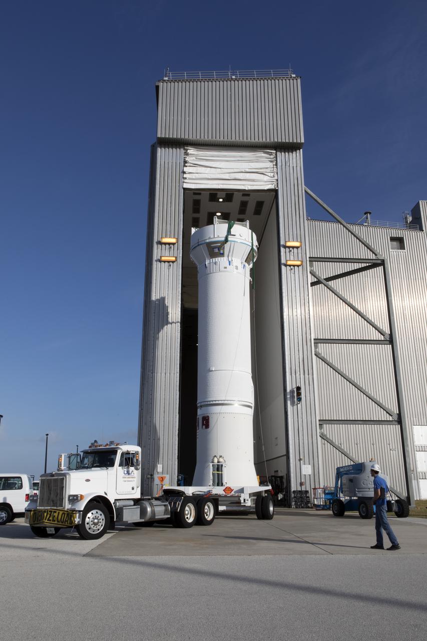 A United Launch Alliance Atlas V Centaur upper stage leaves the Delta Operations Center aboard a transport trailer for delivery to the Vertical Integration Facility at Space Launch Complex 41 at Cape Canaveral Air Force Station in Florida. The rocket is scheduled to help launch the Tracking and Data Relay Satellite, TDRS-M. It will be the latest spacecraft destined for the agency's constellation of communications satellites that allows nearly continuous contact with orbiting spacecraft ranging from the International Space Station and Hubble Space Telescope to the array of scientific observatories. Liftoff atop the ULA Atlas V rocket is scheduled to take place from Cape Canaveral's Space Launch Complex 41 in early August.