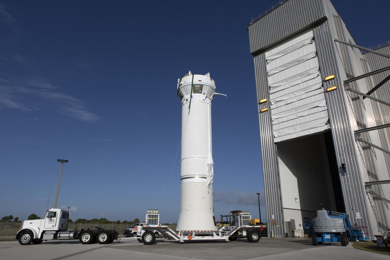 A United Launch Alliance Atlas V Centaur upper stage leaves the Delta Operations Center aboard a transport trailer for delivery to the Vertical Integration Facility at Space Launch Complex 41 at Cape Canaveral Air Force Station in Florida. The rocket is scheduled to help launch the Tracking and Data Relay Satellite, TDRS-M. It will be the latest spacecraft destined for the agency's constellation of communications satellites that allows nearly continuous contact with orbiting spacecraft ranging from the International Space Station and Hubble Space Telescope to the array of scientific observatories. Liftoff atop the ULA Atlas V rocket is scheduled to take place from Cape Canaveral's Space Launch Complex 41 in early August.