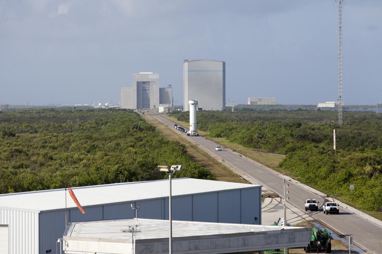 A United Launch Alliance Atlas V Centaur upper stage is on its wat to the Vertical Integration Facility at Space Launch Complex 41 at Cape Canaveral Air Force Station in Florida. The rocket is scheduled to help launch the Tracking and Data Relay Satellite, TDRS-M. It will be the latest spacecraft destined for the agency's constellation of communications satellites that allows nearly continuous contact with orbiting spacecraft ranging from the International Space Station and Hubble Space Telescope to the array of scientific observatories. Liftoff atop the ULA Atlas V rocket is scheduled to take place from Cape Canaveral's Space Launch Complex 41 in early August.