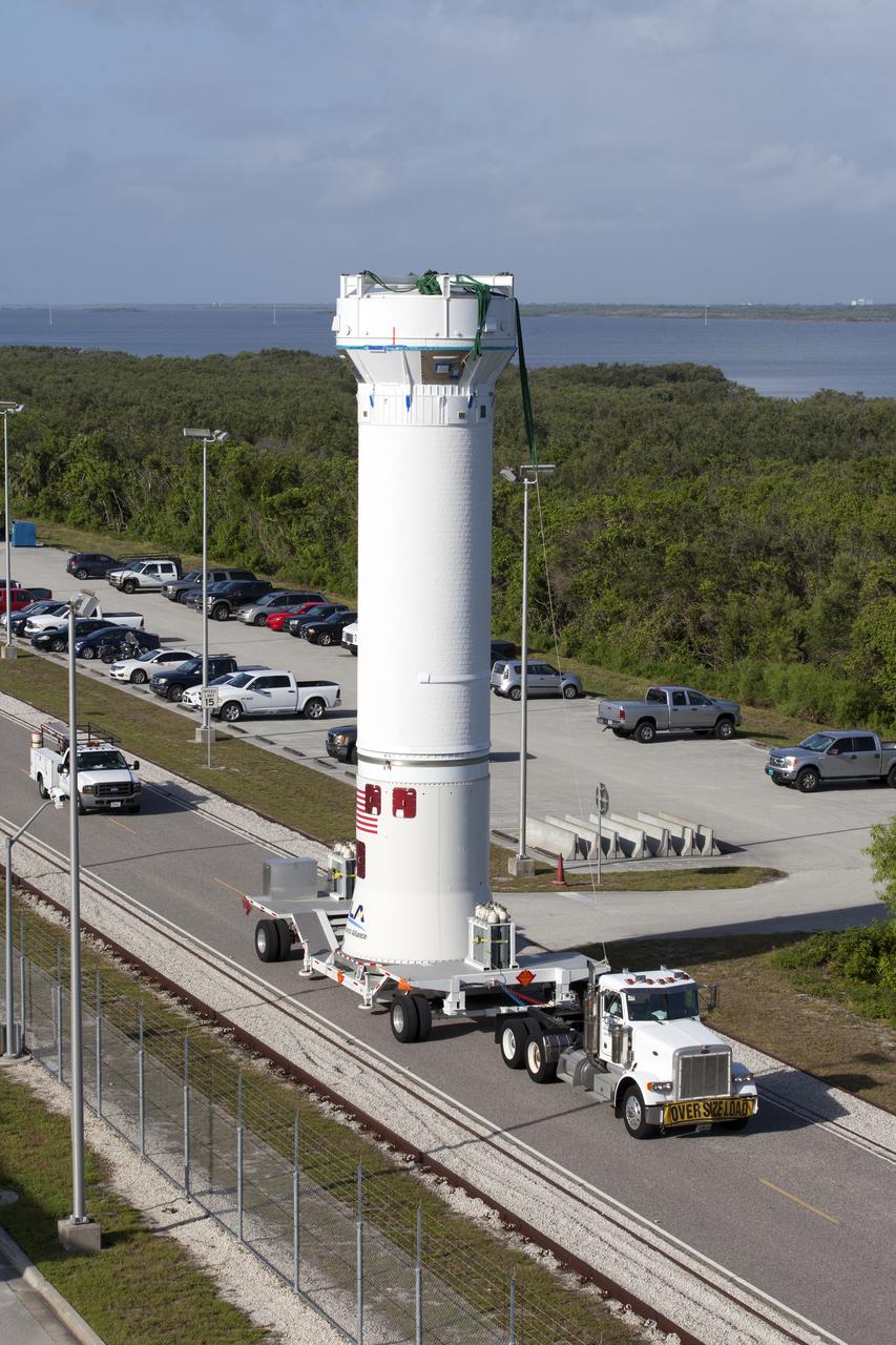 A United Launch Alliance Atlas V Centaur upper stage is on its wat to the Vertical Integration Facility at Space Launch Complex 41 at Cape Canaveral Air Force Station in Florida. The rocket is scheduled to help launch the Tracking and Data Relay Satellite, TDRS-M. It will be the latest spacecraft destined for the agency's constellation of communications satellites that allows nearly continuous contact with orbiting spacecraft ranging from the International Space Station and Hubble Space Telescope to the array of scientific observatories. Liftoff atop the ULA Atlas V rocket is scheduled to take place from Cape Canaveral's Space Launch Complex 41 in early August.