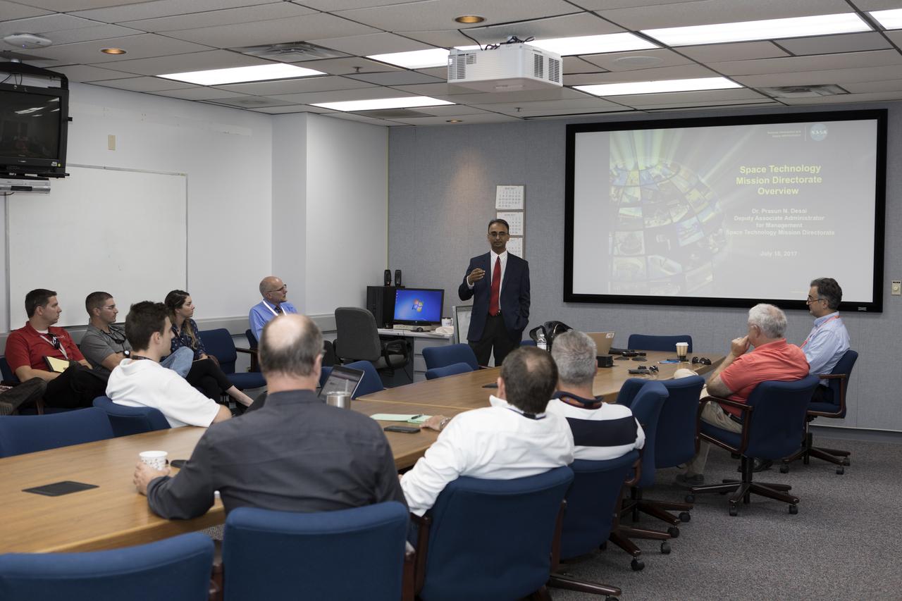 Prasun Desai, deputy associate administrator for Management in NASA's Space Technology Mission Directorate, speaks to Exploration Research and Technology managers in the Space Station Processing Facility at the Kennedy Space Center in Florida.