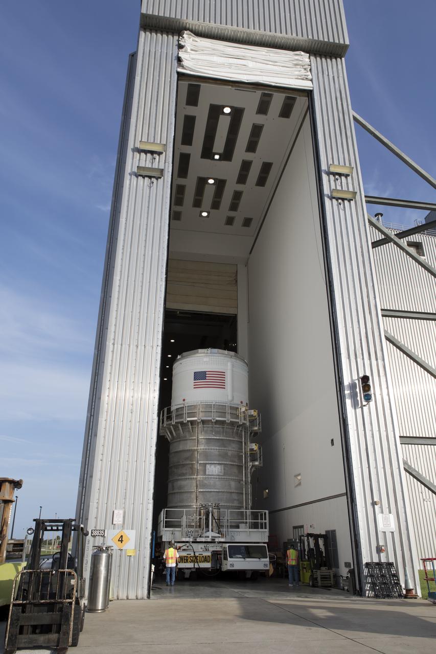 The Interim Cryogenic Propulsion Stage (ICPS) for NASA's Space Launch System (SLS) rocket is packed inside a canister and ready to exit the United Launch Alliance (ULA) Delta Operations Center near Space Launch Complex 37 at Cape Canaveral Air Force Station for its move to the Space Station Processing Facility at NASA's Kennedy Space Center in Florida. The ICPS is the first integrated piece of flight hardware to arrive for the SLS. It is the in-space stage that is located toward the top of the rocket, between the Launch Vehicle Stage Adapter and the Orion Spacecraft Adapter. It will provide some of the in-space propulsion during Orion's first flight test atop the SLS on Exploration Mission-1. 