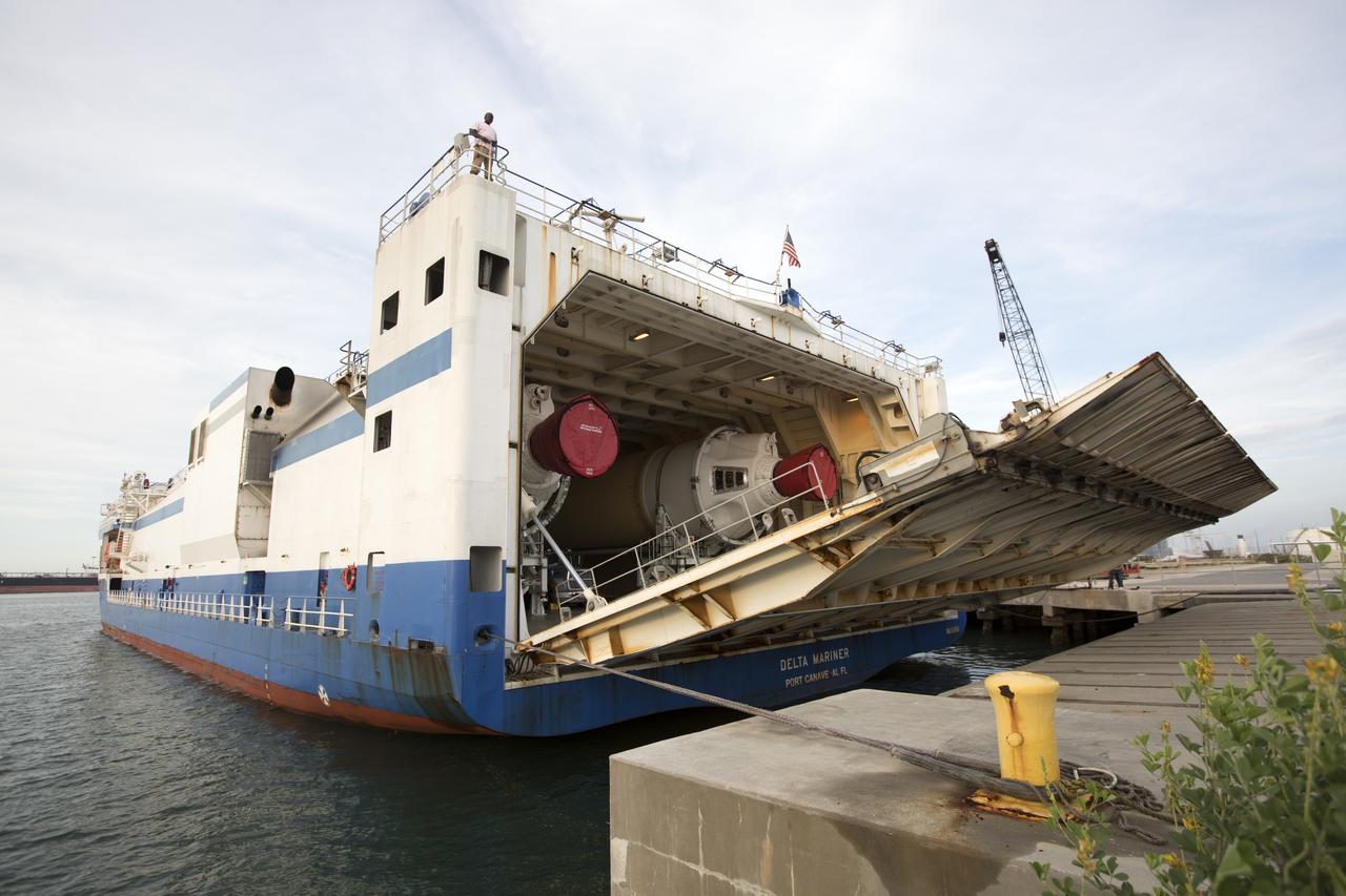 The United Launch Alliance Delta IV Heavy common booster core arrives aboard the company's Mariner ship at Port Canaveral in Florida. The Delta IV Heavy will launch NASA's upcoming Parker Solar Probe mission. The mission will perform the closest-ever observations of a star when it travels through the Sun's atmosphere, called the corona. The probe will rely on measurements and imaging to revolutionize our understanding of the corona and the Sun-Earth connection. Liftoff atop the Delta IV Heavy rocket is scheduled to take place from Cape Canaveral's Space Launch Complex 37 in summer 2018. 