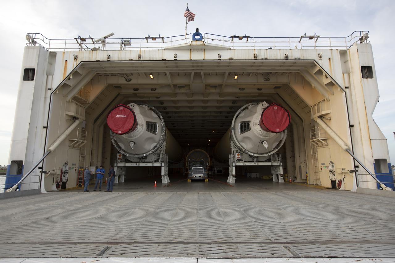 The United Launch Alliance Delta IV Heavy common booster core arrives aboard the company's Mariner ship and prepared for offload at Port Canaveral in Florida. The Delta IV Heavy will launch NASA's upcoming Parker Solar Probe mission. The mission will perform the closest-ever observations of a star when it travels through the Sun's atmosphere, called the corona. The probe will rely on measurements and imaging to revolutionize our understanding of the corona and the Sun-Earth connection. Liftoff atop the Delta IV Heavy rocket is scheduled to take place from Cape Canaveral's Space Launch Complex 37 in summer 2018. 