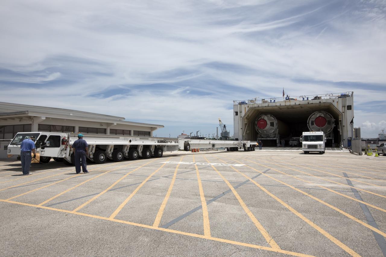 The United Launch Alliance Delta IV Heavy common booster core arrives aboard the company's Mariner ship at Port Canaveral in Florida. Preparations are underway to offload the booster onto a transporter. The Delta IV Heavy will launch NASA's upcoming Parker Solar Probe mission. The mission will perform the closest-ever observations of a star when it travels through the Sun's atmosphere, called the corona. The probe will rely on measurements and imaging to revolutionize our understanding of the corona and the Sun-Earth connection. Liftoff atop the Delta IV Heavy rocket is scheduled to take place from Cape Canaveral's Space Launch Complex 37 in summer 2018. 