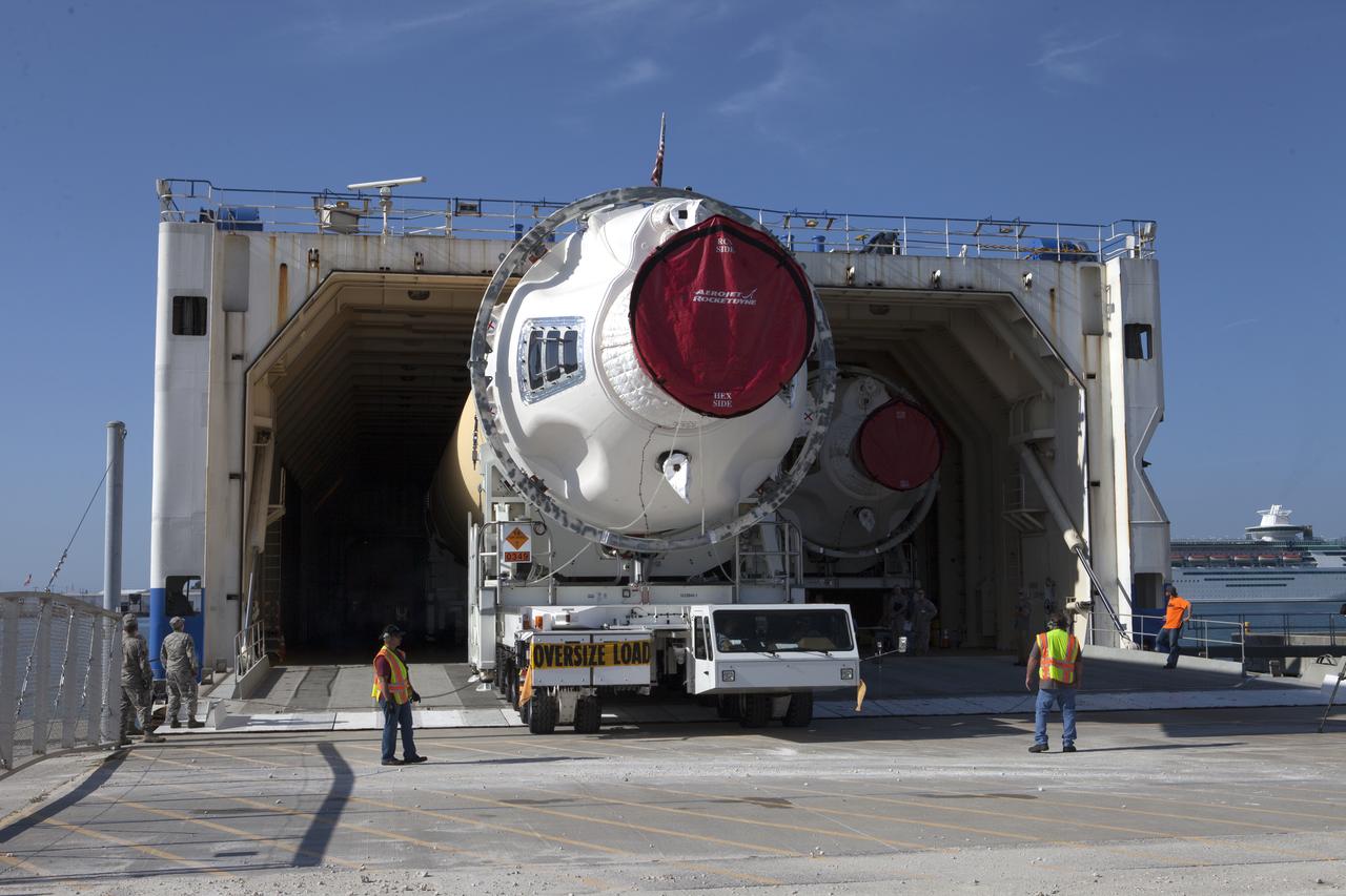 A United Launch Alliance Delta IV Heavy common booster core is offloaded from the company's Mariner ship at Port Canaveral in Florida. The Delta IV Heavy will launch NASA's upcoming Parker Solar Probe mission. The mission will perform the closest-ever observations of a star when it travels through the Sun's atmosphere, called the corona. The probe will rely on measurements and imaging to revolutionize our understanding of the corona and the Sun-Earth connection. Liftoff atop the Delta IV Heavy rocket is scheduled to take place from Cape Canaveral's Space Launch Complex 37 in summer 2018.