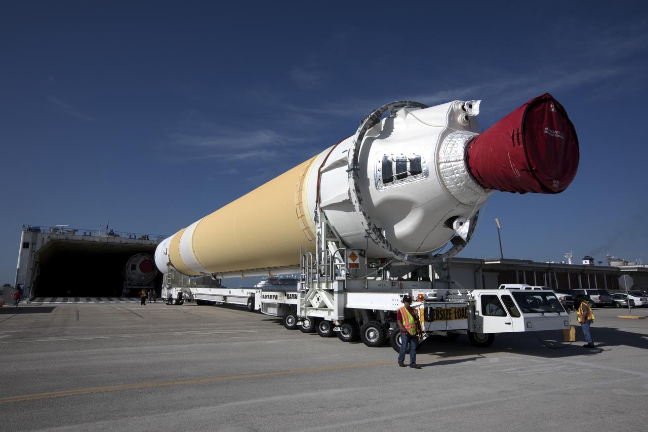 A United Launch Alliance Delta IV Heavy common booster core is offloaded from the company's Mariner ship at Port Canaveral in Florida. The Delta IV Heavy will launch NASA's upcoming Parker Solar Probe mission. The mission will perform the closest-ever observations of a star when it travels through the Sun's atmosphere, called the corona. The probe will rely on measurements and imaging to revolutionize our understanding of the corona and the Sun-Earth connection. Liftoff atop the Delta IV Heavy rocket is scheduled to take place from Cape Canaveral's Space Launch Complex 37 in summer 2018. 