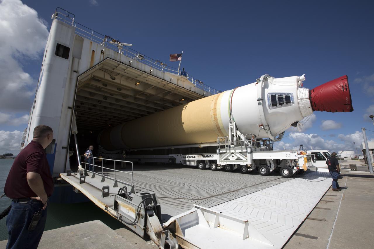 A United Launch Alliance Delta IV Heavy common booster core is offloaded from the company's Mariner ship at Port Canaveral in Florida. The Delta IV Heavy will launch NASA's upcoming Parker Solar Probe mission. The mission will perform the closest-ever observations of a star when it travels through the Sun's atmosphere, called the corona. The probe will rely on measurements and imaging to revolutionize our understanding of the corona and the Sun-Earth connection. Liftoff atop the Delta IV Heavy rocket is scheduled to take place from Cape Canaveral's Space Launch Complex 37 in summer 2018. 