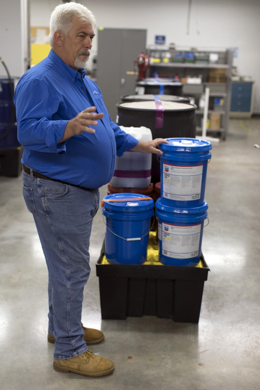 Tim King of Jacobs at NASA's Kennedy Space Center in Florida, explains operations in the Oil Pharmacy operated under the Test and Operations Support Contract, or TOSC. The facility consolidated storage and distribution of petroleum products used in equipment maintained under the contract. This included standardized naming, testing processes and provided a central location for distribution of oils used in everything from simple machinery to the crawler-transporter and cranes in the Vehicle Assembly Building.