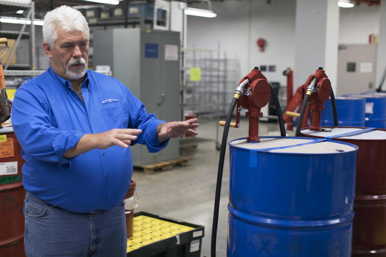 Tim King of Jacobs at NASA's Kennedy Space Center in Florida, explains operations in the Oil Pharmacy operated under the Test and Operations Support Contract, or TOSC. The facility consolidated storage and distribution of petroleum products used in equipment maintained under the contract. This included standardized naming, testing processes and provided a central location for distribution of oils used in everything from simple machinery to the crawler-transporter and cranes in the Vehicle Assembly Building.