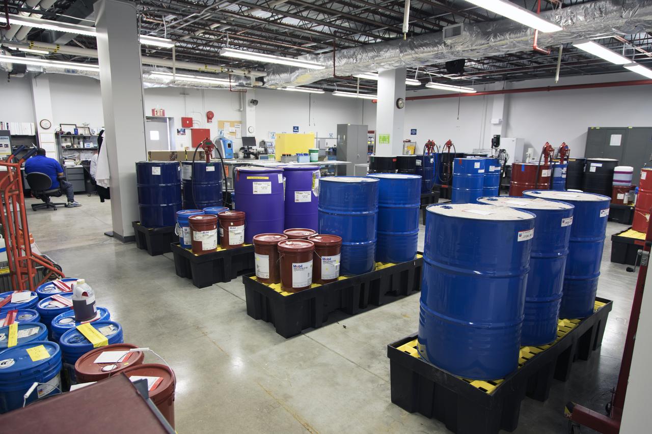 An overall view of the Oil Pharmacy operated under the Test and Operations Support Contract, or TOSC. The facility consolidated storage and distribution of petroleum products used in equipment maintained under the contract. This included standardized naming, testing processes and provided a central location for distribution of oils used in everything from simple machinery to the crawler-transporter and cranes in the Vehicle Assembly Building.