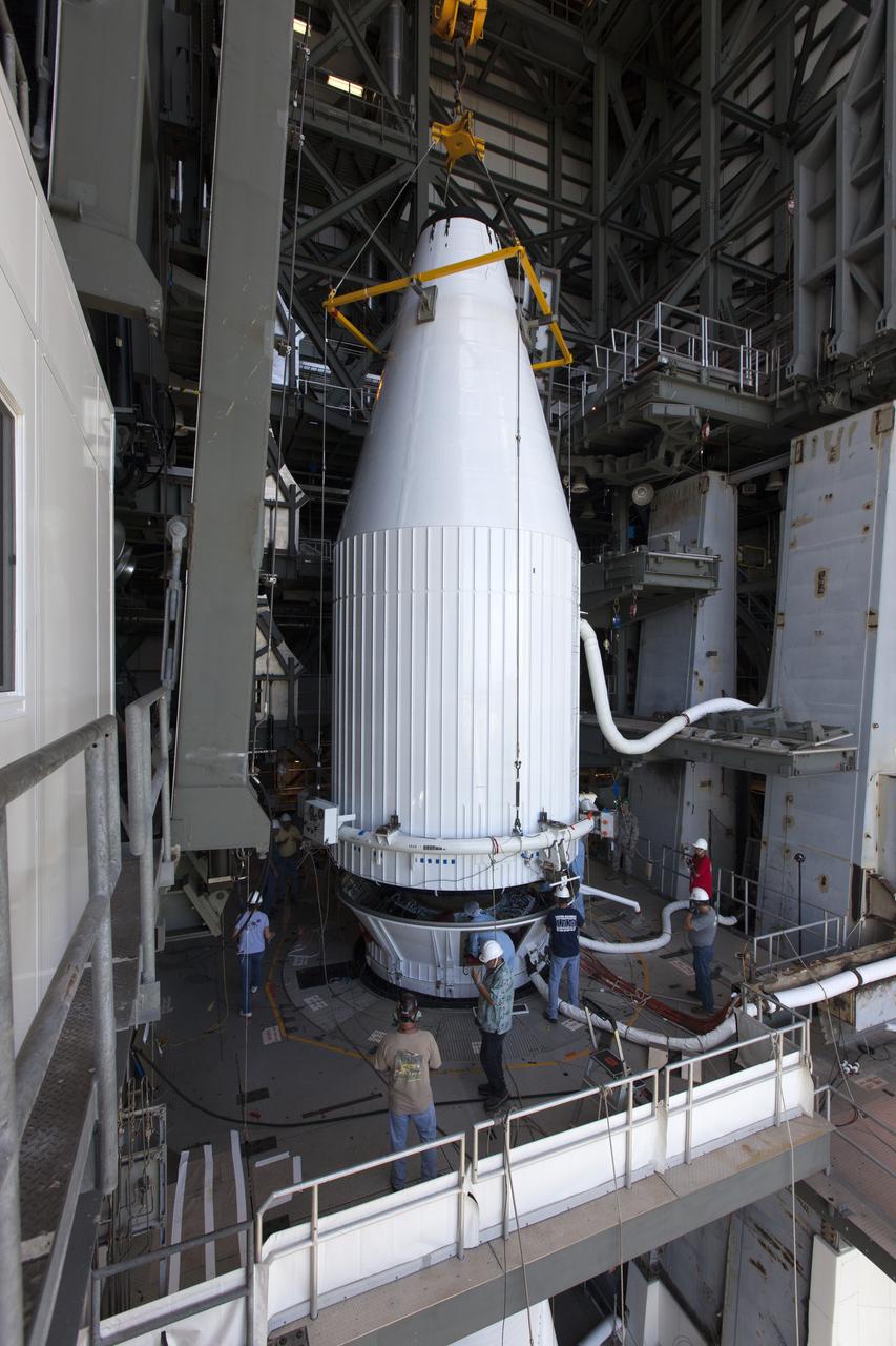 Encapsulated in its payload fairing, Tracking and Data Relay Satellite (TDRS-M) is mated to the United Launch Alliance Atlas V Centaur upper stage in the Vertical Integration Facility at Space Launch Complex 41 at Cape Canaveral Air Force Station in Florida. TDRS-M will be the latest spacecraft destined for the agency's constellation of communications satellites that allows nearly continuous contact with orbiting spacecraft ranging from the International Space Station and Hubble Space Telescope to the array of scientific observatories. Liftoff atop the ULA Atlas V rocket is scheduled for Aug. 18, 2017.