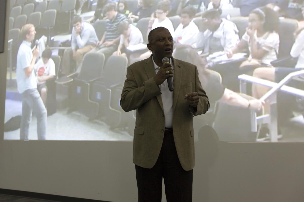 NASA Kennedy Space Center Associate Director Kelvin Manning speaks to students and sponsors in the spaceport’s Center for Space Education. Teams from across the state of Florida were gathered at Kennedy for the finals of the Zero Robotics Middle School Summer Program national championship. The five-week program allows rising sixth- through ninth-graders to write programs for small satellites called SPHERES (Synchronized, Position, Hold, Engage, Reorient, Experimental Satellites). Finalists saw their code tested aboard the International Space Station.