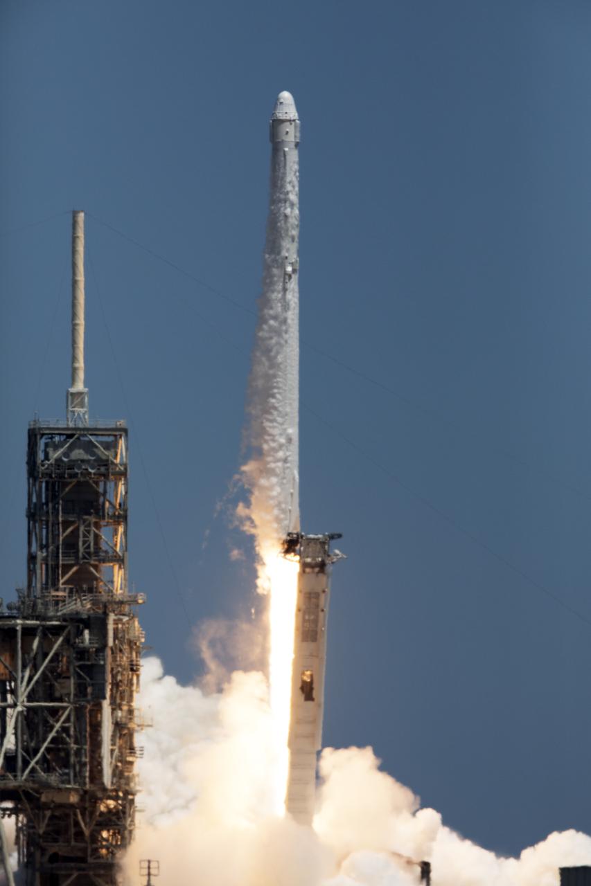 The two-stage Falcon 9 launch vehicle lifts off Launch Complex 39A at NASA's Kenney Space Center carrying the Dragon resupply spacecraft to the International Space Station. Liftoff was at 12:31 p.m. EDT. On its 12th commercial resupply services mission to the International Space Station, Dragon will bring up more than 6,400 pounds of supplies and new science experiments and equipment for technology research.