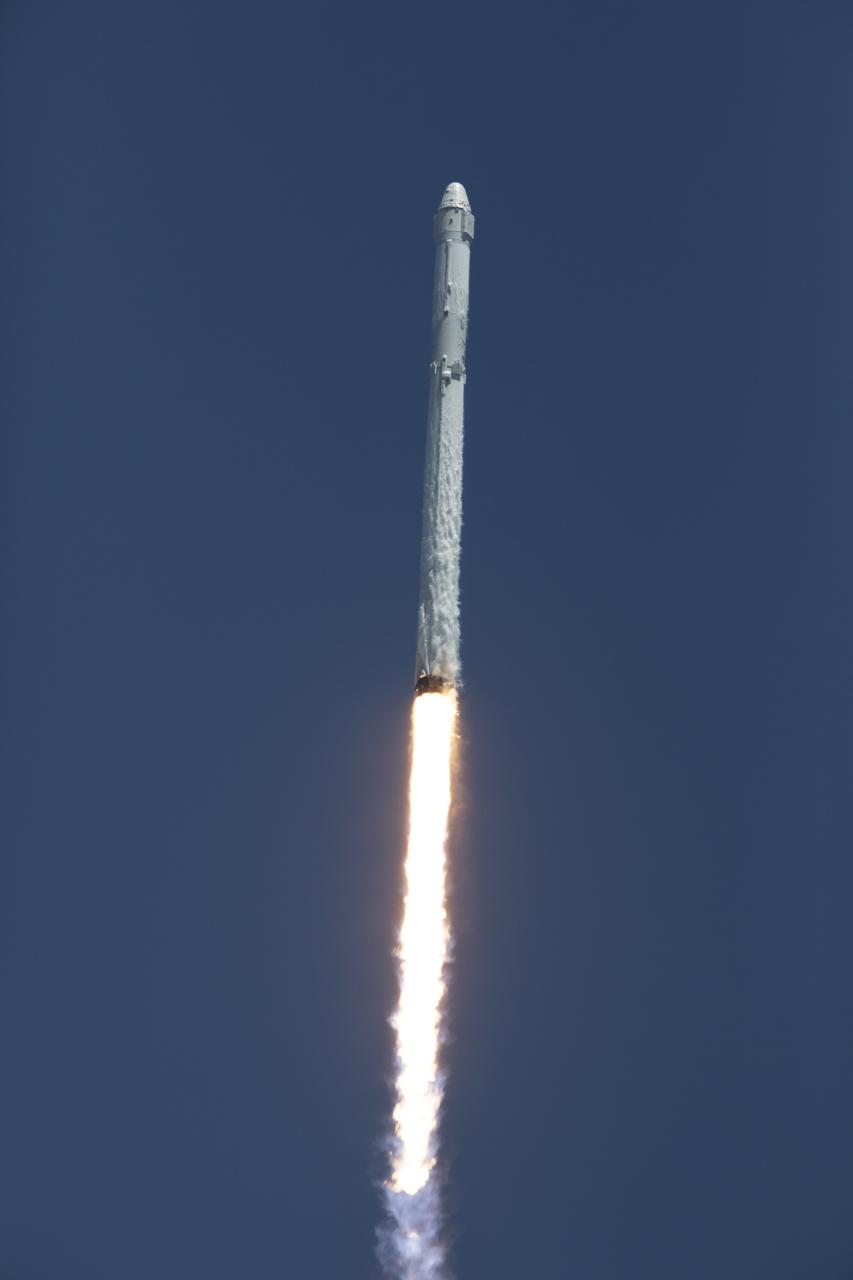 The two-stage Falcon 9 launch vehicle lifts off Launch Complex 39A at NASA's Kenney Space Center carrying the Dragon resupply spacecraft to the International Space Station. Liftoff was at 12:31 p.m. EDT. On its 12th commercial resupply services mission to the International Space Station, Dragon will bring up more than 6,400 pounds of supplies and new science experiments and equipment for technology research.