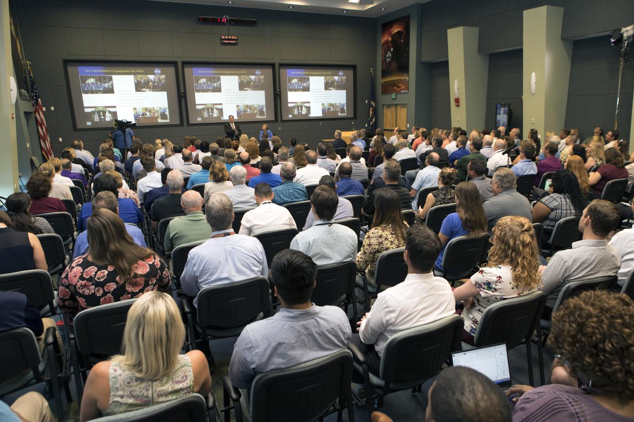 At NASA's Kennedy Space Center in Florida, agency Acting Administrator Robert Lightfoot and Deputy Associate Administrator Lesa Roe speak to employees during a town hall meeting in the conference room of Operations Support Building II. During the gathering, they updated progress on NASA programs.