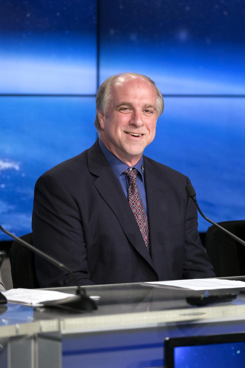 In the Kennedy Space Center's Press Site auditorium, Dave Littmann, project manager for TDRS-M at NASA’s Goddard Space Flight Center in Greenbelt, Maryland, speaks to members of the media at a prelaunch news conference for NASA's Tracking and Data Relay Satellite, TDRS-M. It is the latest spacecraft destined for the agency's constellation of communications satellites that allows nearly continuous contact with orbiting spacecraft ranging from the International Space Station and Hubble Space Telescope to the array of scientific observatories. Liftoff atop a United Launch Alliance Atlas V rocket is scheduled to take place from Space Launch Complex 41 at Cape Canaveral Air Force Station at 8:03 a.m. EDT Aug. 18.