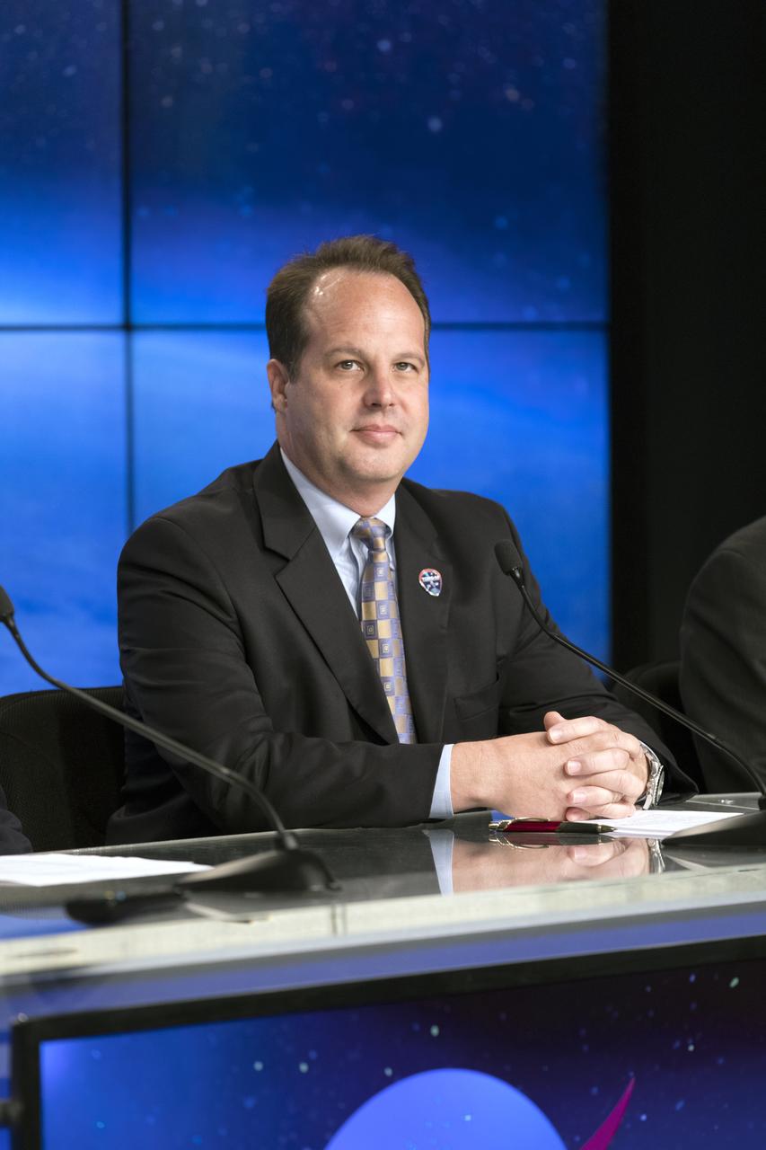 In the Kennedy Space Center's Press Site auditorium, James Wilson III, Boeing program manager for NASA/Civil Space Programs, speaks to members of the media at a prelaunch news conference for NASA's Tracking and Data Relay Satellite, TDRS-M. It is the latest spacecraft destined for the agency's constellation of communications satellites that allows nearly continuous contact with orbiting spacecraft ranging from the International Space Station and Hubble Space Telescope to the array of scientific observatories. Liftoff atop a United Launch Alliance Atlas V rocket is scheduled to take place from Space Launch Complex 41 at Cape Canaveral Air Force Station at 8:03 a.m. EDT Aug. 18.