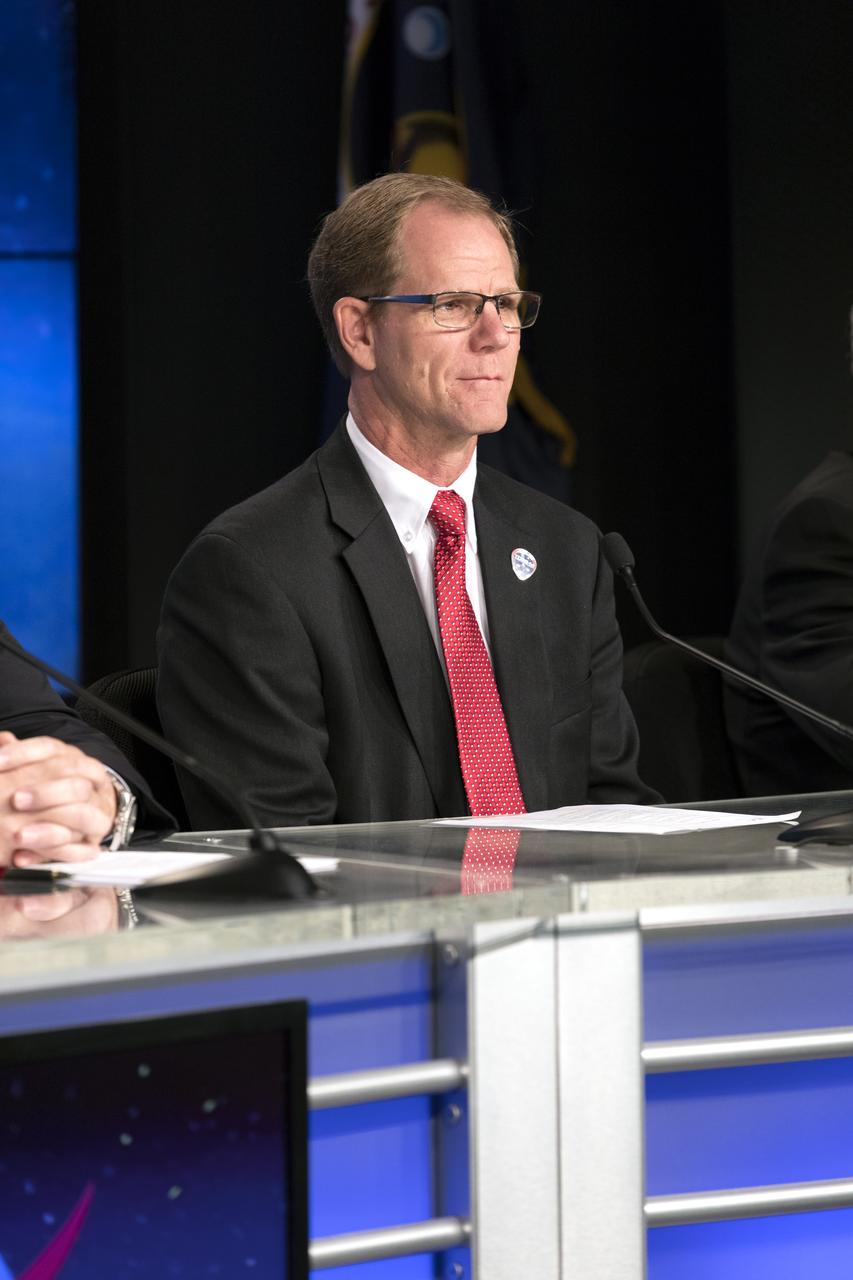 In the Kennedy Space Center's Press Site auditorium, Scott Messer, United Launch Alliance program manager for NASA missions, speaks to members of the media at a prelaunch news conference for NASA's Tracking and Data Relay Satellite, TDRS-M. It is the latest spacecraft destined for the agency's constellation of communications satellites that allows nearly continuous contact with orbiting spacecraft ranging from the International Space Station and Hubble Space Telescope to the array of scientific observatories. Liftoff atop a United Launch Alliance Atlas V rocket is scheduled to take place from Space Launch Complex 41 at Cape Canaveral Air Force Station at 8:03 a.m. EDT Aug. 18.