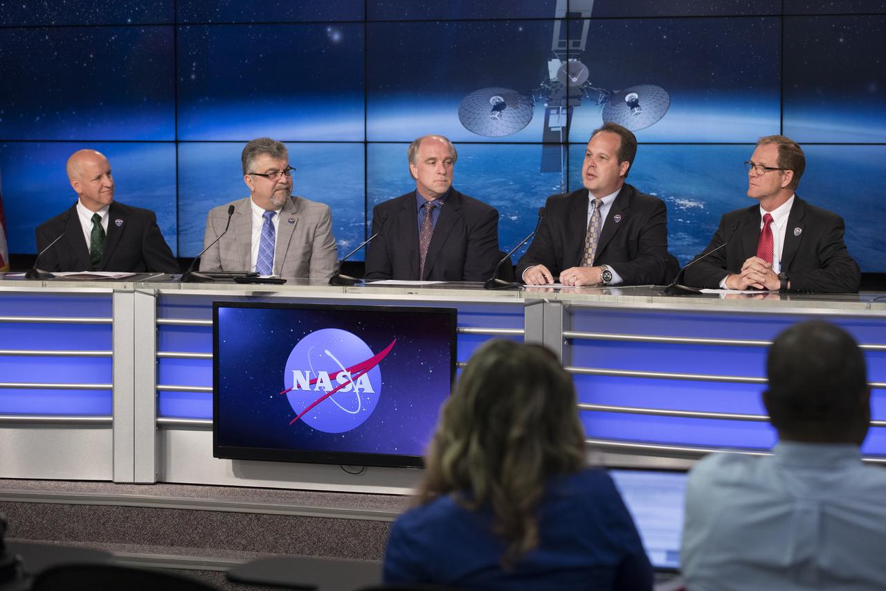 In the Kennedy Space Center's Press Site auditorium, NASA and industry leaders speak to members of the media at a prelaunch news conference for NASA's Tracking and Data Relay Satellite, TDRS-M. Participants from left are: Tim Dunn, launch director at NASA Kennedy, Badri Younes, deputy associate administrator for Space Communications and Navigation at NASA Headquarters in Washington, Dave Littmann, project manager for TDRS-M at NASA’s Goddard Space Flight Center in Greenbelt, Maryland, James Wilson III, Boeing program manager for NASA/Civil Space Programs, and Scott Messer, United Launch Alliance program manager for NASA missions. TDRS-M is the latest spacecraft destined for the agency's constellation of communications satellites that allows nearly continuous contact with orbiting spacecraft ranging from the International Space Station and Hubble Space Telescope to the array of scientific observatories. Liftoff atop a United Launch Alliance Atlas V rocket is scheduled to take place from Space Launch Complex 41 at Cape Canaveral Air Force Station at 8:03 a.m. EDT Aug. 18.