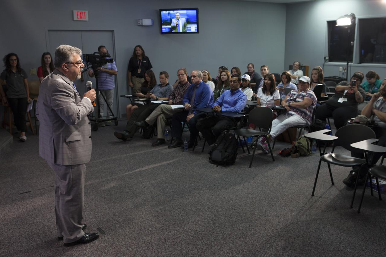 Badri Younes, deputy associate administrator for Space Communications and Navigation at NASA Headquarters in Washington, speaks to members of social media in the Kennedy Space Center’s Press Site auditorium. The briefing focused on preparations to launch NASA's Tracking and Data Relay Satellite, TDRS-M. The latest spacecraft destined for the agency's constellation of communications satellites, TDRS-M will allow nearly continuous contact with orbiting spacecraft ranging from the International Space Station and Hubble Space Telescope to the array of scientific observatories. Liftoff atop a United Launch Alliance Atlas V rocket is scheduled to take place from Space Launch Complex 41 at Cape Canaveral Air Force Station at 8:03 a.m. EDT Aug. 18.