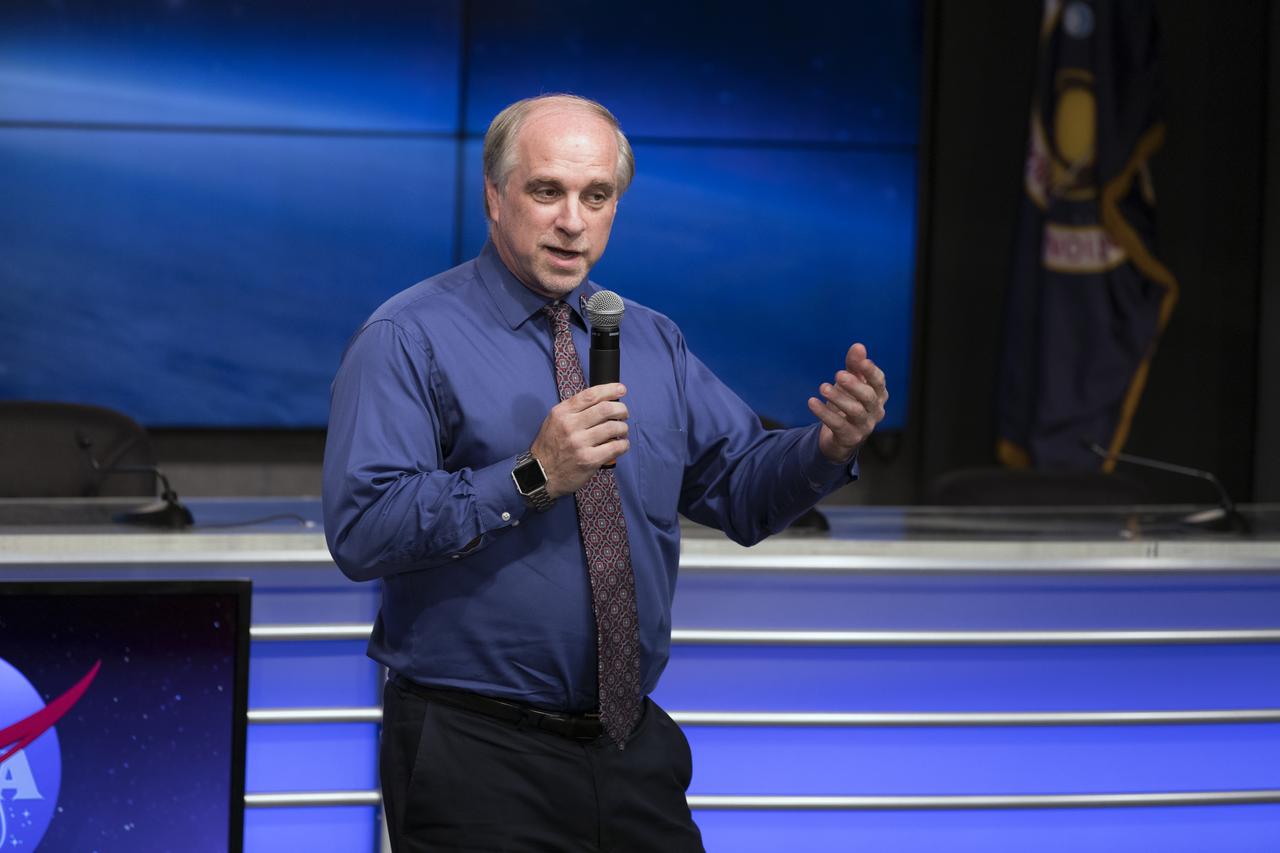 Dave Littmann, project manager for TDRS-M at NASA’s Goddard Space Flight Center in Greenbelt, Maryland, speaks to members of social media in the Kennedy Space Center’s Press Site auditorium. The briefing focused on preparations to launch NASA's Tracking and Data Relay Satellite, TDRS-M. The latest spacecraft destined for the agency's constellation of communications satellites, TDRS-M will allow nearly continuous contact with orbiting spacecraft ranging from the International Space Station and Hubble Space Telescope to the array of scientific observatories. Liftoff atop a United Launch Alliance Atlas V rocket is scheduled to take place from Space Launch Complex 41 at Cape Canaveral Air Force Station at 8:03 a.m. EDT Aug. 18.