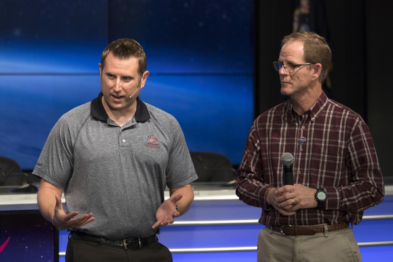 Skip Owen of NASA Launch Services, left and Scott Messer, United Launch Alliance program manager for NASA missions speak to members of social media in the Kennedy Space Center’s Press Site auditorium. The briefing focused on preparations to launch NASA's Tracking and Data Relay Satellite, TDRS-M. The latest spacecraft destined for the agency's constellation of communications satellites, TDRS-M will allow nearly continuous contact with orbiting spacecraft ranging from the International Space Station and Hubble Space Telescope to the array of scientific observatories. Liftoff atop a United Launch Alliance Atlas V rocket is scheduled to take place from Space Launch Complex 41 at Cape Canaveral Air Force Station at 8:03 a.m. EDT Aug. 18.