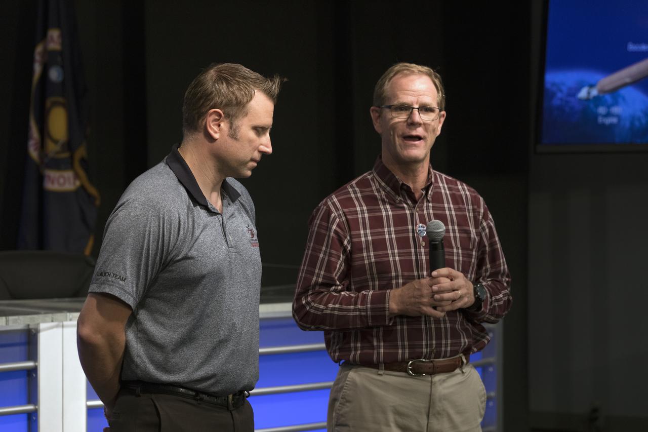 Skip Owen of NASA Launch Services, left and Scott Messer, United Launch Alliance program manager for NASA missions speak to members of social media in the Kennedy Space Center’s Press Site auditorium. The briefing focused on preparations to launch NASA's Tracking and Data Relay Satellite, TDRS-M. The latest spacecraft destined for the agency's constellation of communications satellites, TDRS-M will allow nearly continuous contact with orbiting spacecraft ranging from the International Space Station and Hubble Space Telescope to the array of scientific observatories. Liftoff atop a United Launch Alliance Atlas V rocket is scheduled to take place from Space Launch Complex 41 at Cape Canaveral Air Force Station at 8:03 a.m. EDT Aug. 18.