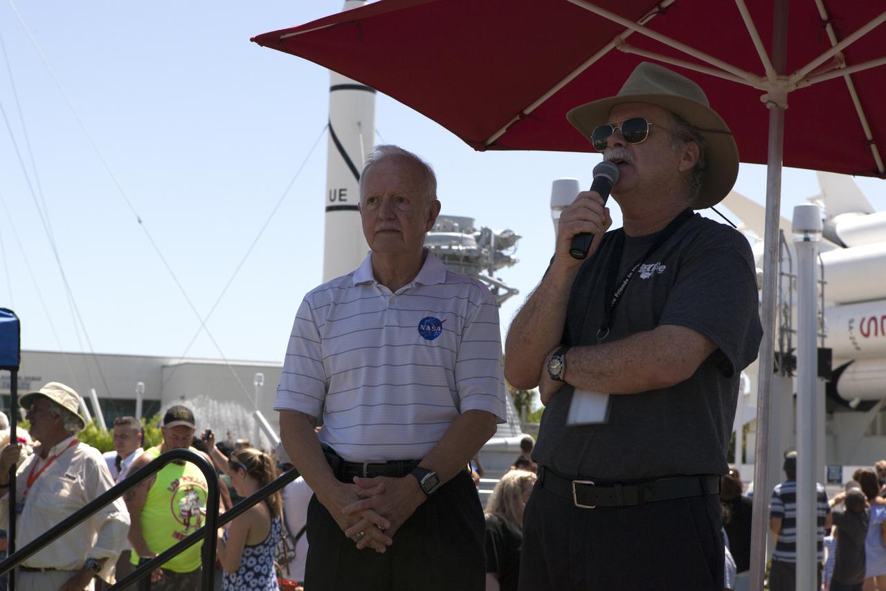 From the Kennedy Space Center Visitor Complex, guests joined Americans from coast to coast following the solar eclipse. Guest speakers were, astronaut John-David Bartoe, left, and communicator Jeff Lucas. Although a partial eclipse on Florida's Space Coast, young and old alike found many ways to watch the rare astronomical event. As the Moon passed between Earth and the midafternoon Sun, a shadow moved across the landscape. The 70-mile-wide totality path, or "umbral cone" -- where the entire Sun will vanish behind the Moon -- stretched across 14 states, from Oregon to South Carolina.