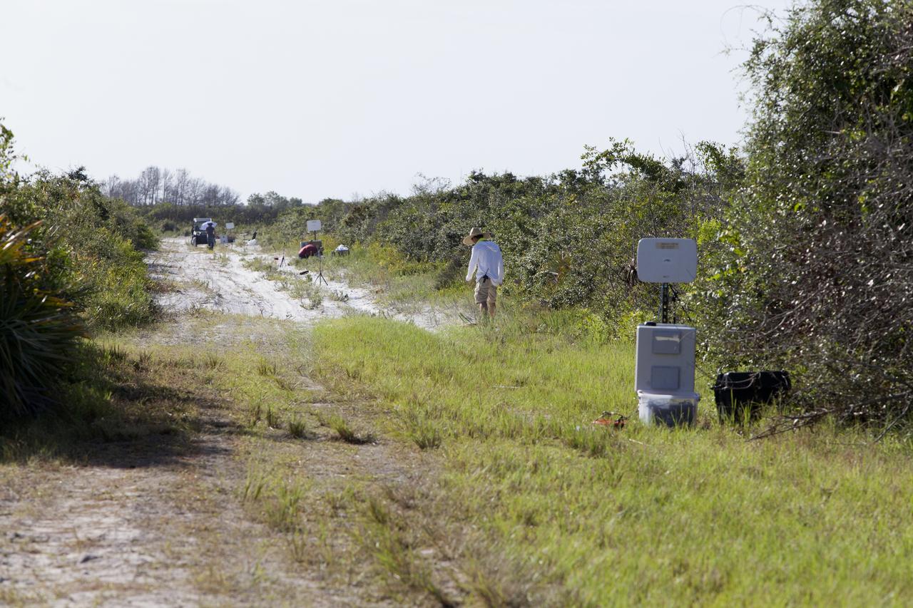Microphone arrays are strategically positioned along the ground at NASA's Kennedy Space Center in Florida to collect sound signatures from sonic booms created by agency F-18 jets flying faster than the speed of sound. Several flights a day have been taking place the week of Aug. 21, 2017 as part of NASA's Sonic Booms in Atmospheric Turbulence, or SonicBAT II Program. NASA at Kennedy is partnering with the agency's Armstrong Flight Research Center in California, Langley Research Center in Virginia, and Space Florida for a program in which F-18 jets will take off from the Shuttle Landing Facility and fly at supersonic speeds while agency researchers measure the effects of low-altitude turbulence caused by sonic booms.