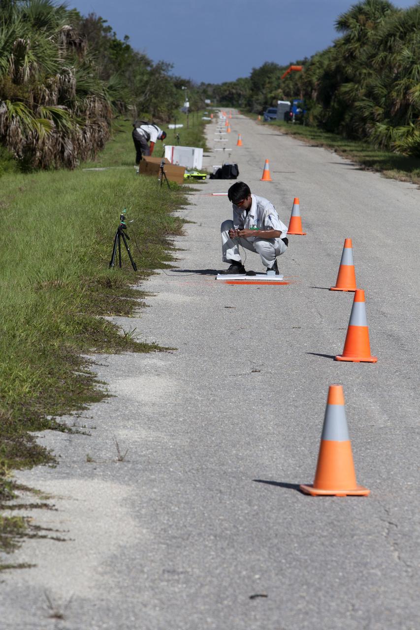 Microphone arrays are strategically positioned along the ground at NASA's Kennedy Space Center in Florida to collect sound signatures from sonic booms created by agency F-18 jets flying faster than the speed of sound. Several flights a day have been taking place the week of Aug. 21, 2017 as part of NASA's Sonic Booms in Atmospheric Turbulence, or SonicBAT II Program. NASA at Kennedy is partnering with the agency's Armstrong Flight Research Center in California, Langley Research Center in Virginia, and Space Florida for a program in which F-18 jets will take off from the Shuttle Landing Facility and fly at supersonic speeds while agency researchers measure the effects of low-altitude turbulence caused by sonic booms.